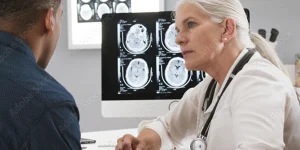 A senior female doctor with a stethoscope around her neck listens to a male patient with brain scans of multiple brain images displayed on a computer screen behind her.