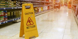 A yellow caution sign reading "Caution Wet Floor" is placed on a shiny tiled supermarket aisle, warning customers of a slip hazard.
