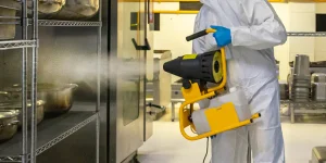 Person in protective suit and blue gloves using a fogger to sanitize a commercial kitchen with metal shelves and cooking equipment.