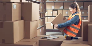 A woman in a safety vest inspects a cardboard box in a storage room filled with stacked boxes on shelves.