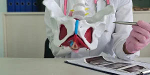 Person in a white lab coat holding a model of a human skull and nasal cavity, with medical tools andMRI scans on a clipboard on the table.