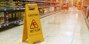 Yellow caution sign with "Wet Floor" warning placed on a shiny, tiled supermarket aisle with blurred shelves and products in the background.