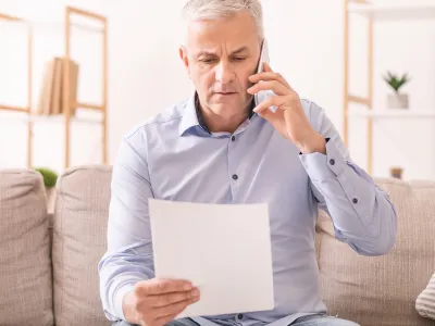 A middle-aged man with short gray hair, wearing a light blue shirt, sitting on a beige couch, looking at a document while talking on the phone.