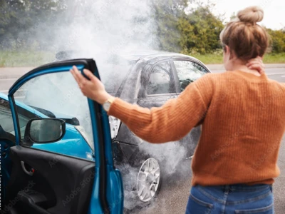 A woman in a brown sweater stands beside a blue car with an open door, looking at a black car that is smoking on the side of a road, with greenery in the background.