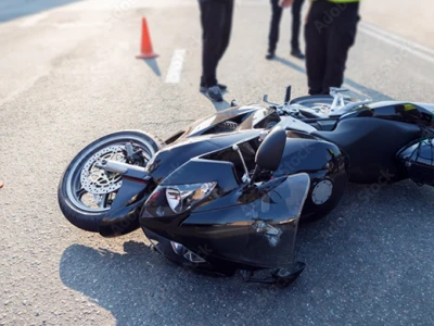 A black motorcycle lies on its side on the road, surrounded by orange traffic cones, with a helmet nearby and people standing in the background.