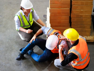 A person in a white helmet and high-visibility vest appears to be assisting two colleagues, both wearing yellow hard hats and orange safety vests, who are on the ground in a warehouse setting with stacked boxes.