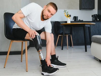 A man with a beard, wearing a white t-shirt and black shorts, is sitting on a black chair with wooden legs, adjusting his black athletic shoe. He has a prosthetic leg. The background includes a modern kitchen with a small dining table, black chairs, and a decorative vase.