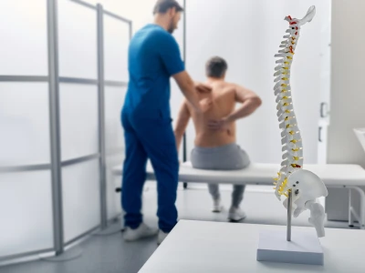 A doctor examines a patient's back in a medical room, with a detailed model of a human spine on a table in the foreground.