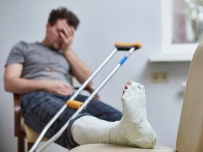 A man with a bandaged foot in a cast, sitting in a chair with a crutch beside him, holding his face with a distressed expression, in a room with a window.
