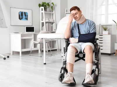 Young man in a wheelchair holding his head in a medical office or hospital, appearing to be in pain or discomfort.