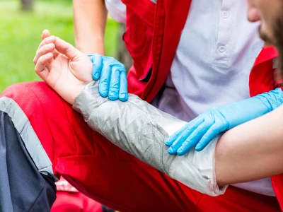 A person wearing blue gloves and a gray sleeve supports another person's arm, likely providing medical assistance outdoors on a grassy area.