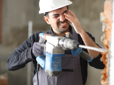 A man wearing a white hard hat and black work gloves, appears to be distressed, holding a power drill near a partially broken brick wall.
