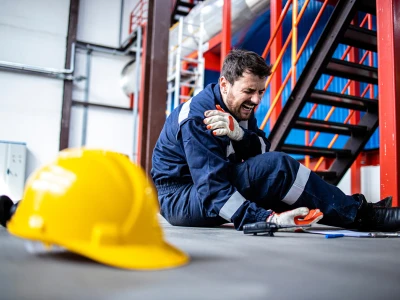 A man in work overalls sitting on the floor, clutching his shoulder in pain, with a yellow safety helmet and tools nearby, in an industrial setting.