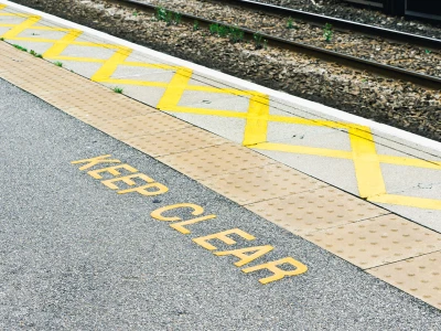 "Yellow 'KEEP CLEAR' warning painted on a gray asphalt surface near train tracks, with tactile paving and yellow striped markings on the sidewalk."