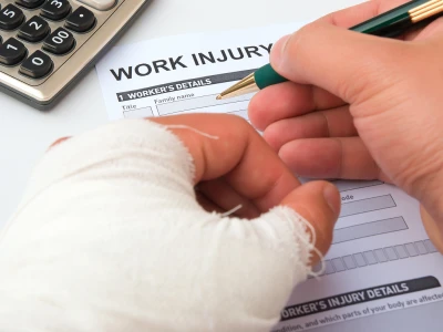 A person with a bandaged hand filling out a work injury report form with a green pen, near a calculator on a white surface.