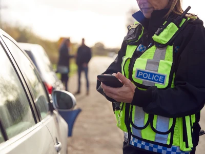 A police officer in a neon yellow vest with a "POLICE" patch, looking at a smartphone beside a silver car, with two blurred figures in the background.