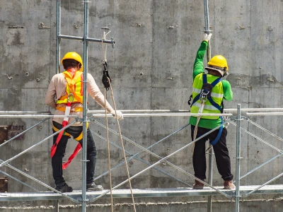 Two construction workers wearing yellow safety helmets and high-visibility vests on scaffolding against a concrete wall. One worker is holding a rope, the other is reaching up.