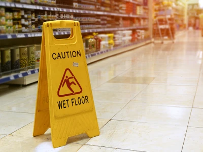 Yellow caution sign with "Wet Floor" warning placed on a shiny, tiled supermarket aisle with blurred shelves and products in the background.