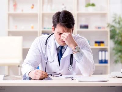 A male doctor in a white coat, sitting at a desk, holding his forehead with a distressed expression, with a stethoscope around his neck and glasses in hand.