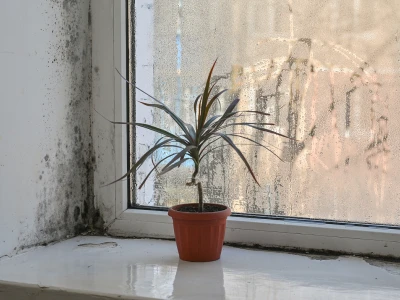 A potted plant with long, slender, dark green leaves with reddish edges sits on a white windowsill next to a foggy, condensation-covered window.