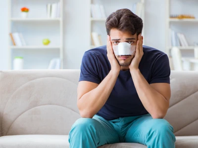 A young man with a nasal surgical bandage sits on a beige sofa, holding his face with a worried or distressed expression, in a bright living room.