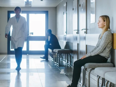 A young woman sits against the wall in a waiting area, while a nurse walks towards her and two other individuals sit on bench seats in the background.