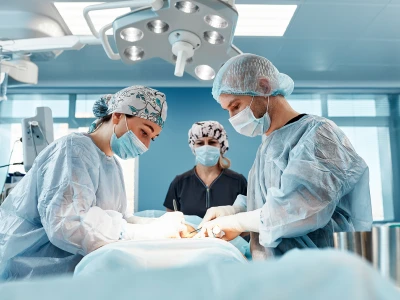 Surgeons in scrubs, masks, and caps perform surgery in an operating room, with a nurse observing in the background under bright surgical lights.