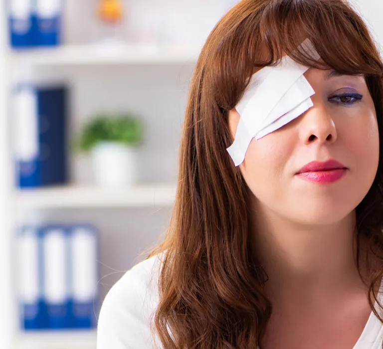 A woman with long red hair has an eye patch over her right eye while a doctor examines her with a blue pen in a clinical setting.