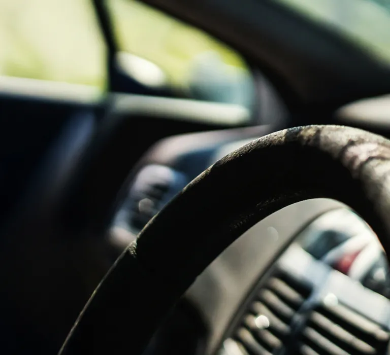 A close-up of a damaged car interior shows a cracked windshield, a worn steering wheel, and blurred greenery outside.