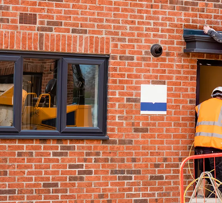 Construction workers in orange safety vests and helmets installing a black window awning on a red brick building.