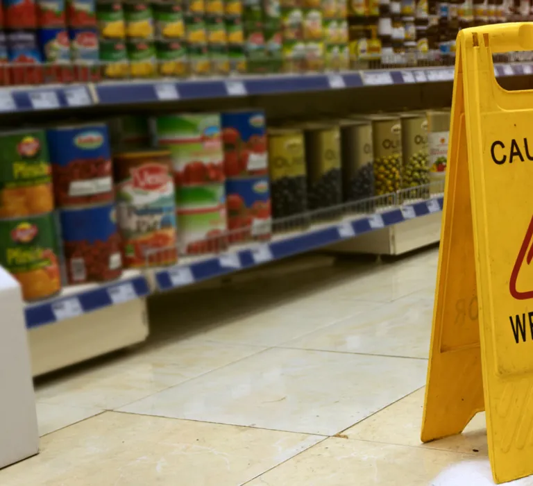 A yellow caution wet floor sign placed on a tiled supermarket aisle near shelves stocked with canned and packaged food items.