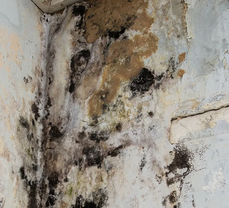Mold and water damage on a wall with peeling paint, discoloration, and black spots near a corner of a room.